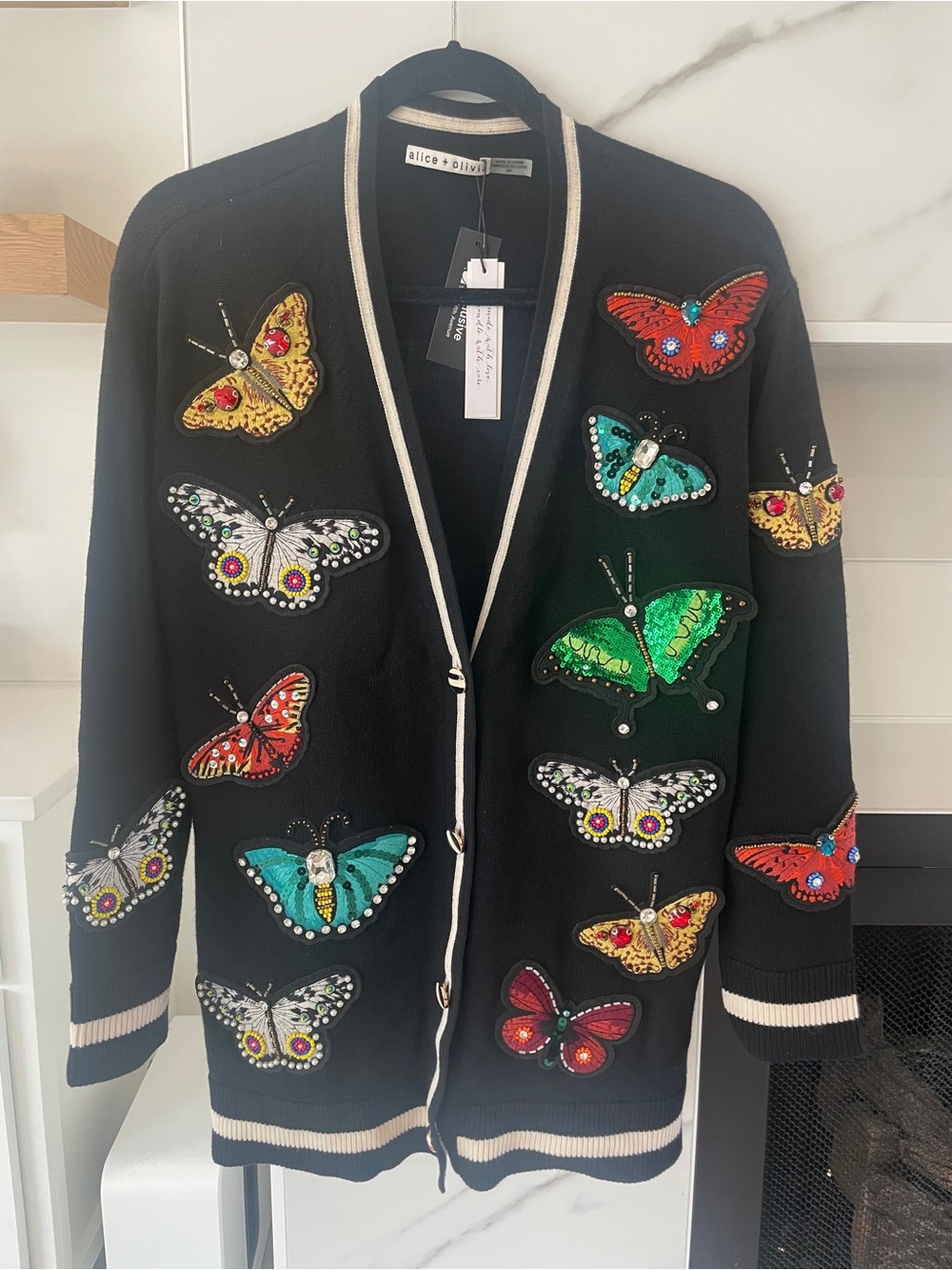 Alice + Olivia Black Cardigan with Multicolor Embroidered Butterfly Appliqués